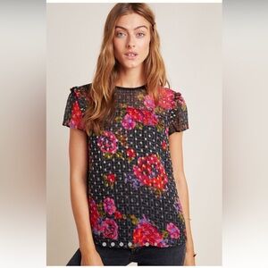 Anthropologie Fiorella Blouse black red gold floral size 6